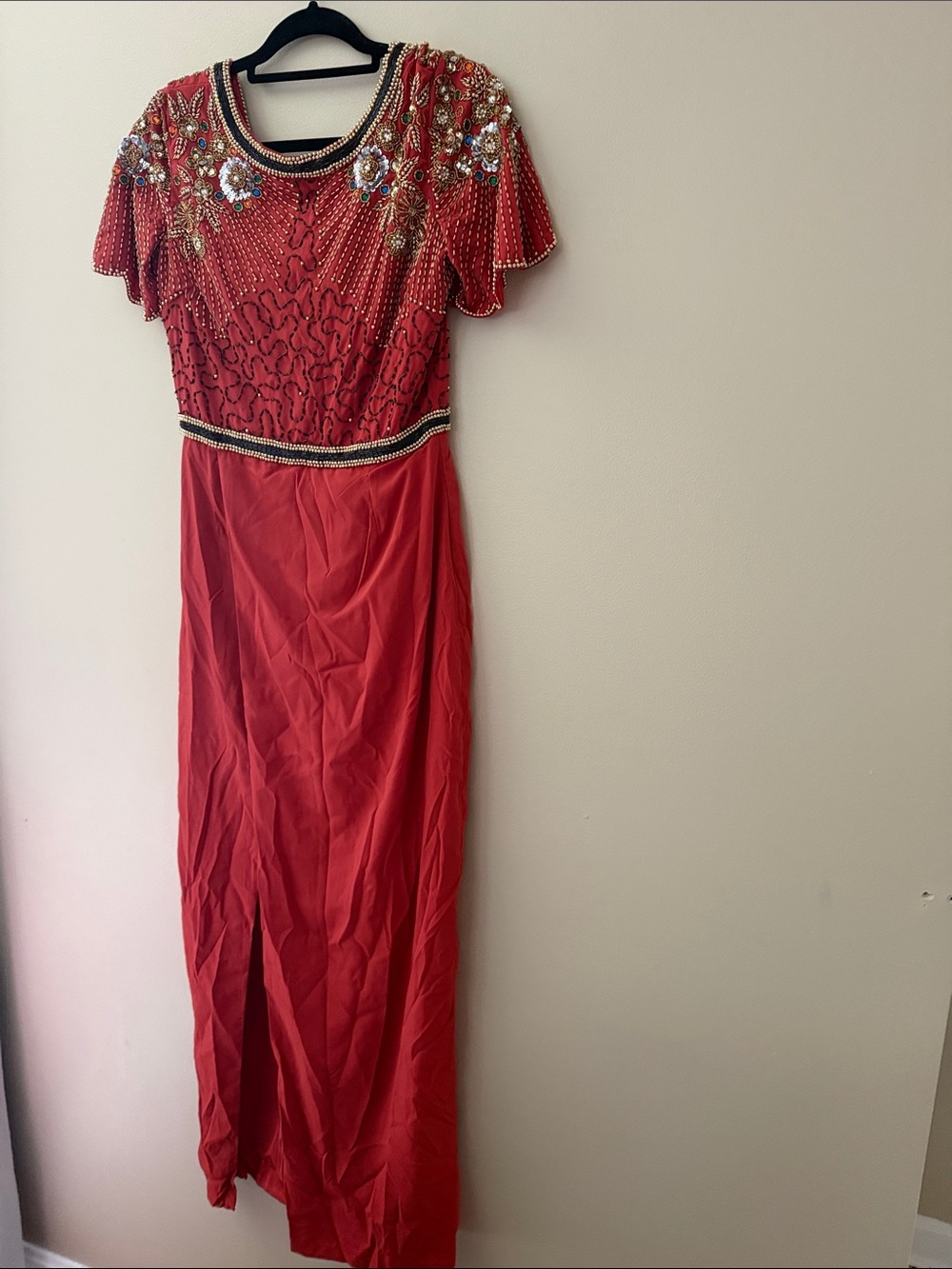 Beaded Red Maxi Dress with Embellished Bodice